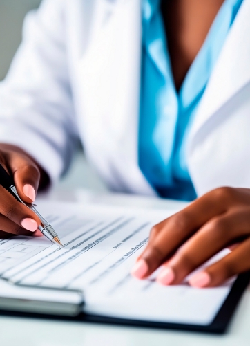 Closeup of medical professional filling out records